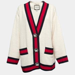Gucci Cream Tweed Web Ribbon Trim Oversized Cardigan Jacket M