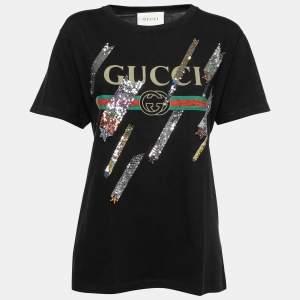 Gucci Black Cotton Sequin-Embellished Logo T-Shirt S