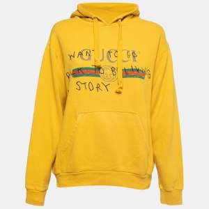 Pre Owned Gucci Yellow Cotton Logo Graphic Print Oversized Hoodie XS