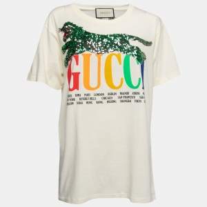 Gucci Cream Sequin Embellished Logo Printed Cotton T-Shirt M