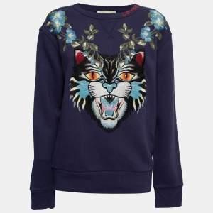 Gucci Navy Blue Embroidered Cotton Oversized Sweatshirt XS
