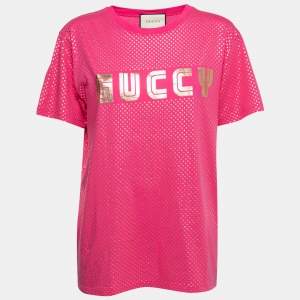 Gucci Pink Logo Star Printed Cotton Short Sleeve T-Shirt S