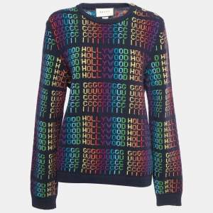 Gucci Navy Blue Multicolor Hollywood Patterned Wool Sweater M