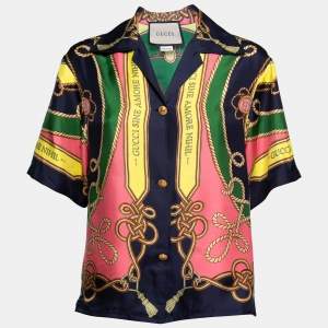 Gucci Navy Blue Printed Silk Short Sleeve Shirt S
