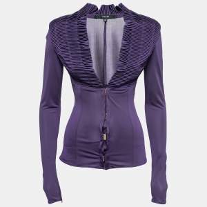 Gucci Purple Silk Knit Gathered Detail Long Sleeve Lightweight Jacket S