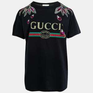 Gucci Black Cotton Logo Print Embellished T-Shirt S