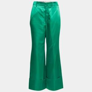 Gucci Green Satin Folded Hem Wide Leg Trousers M