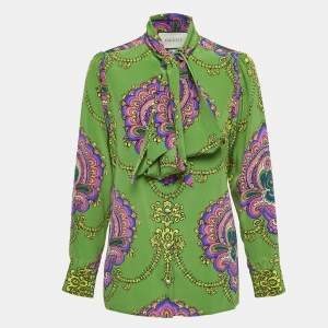 Gucci Green Paisley Printed Silk Tie-Neck Blouse M