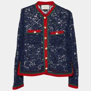Gucci Navy Blue Lace Contrast Trim Button Front Sheer Jacket M