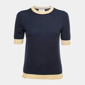 Pre Owned Gucci Navy Blue Cashmere Rib-Trim Detail Sweater Top M