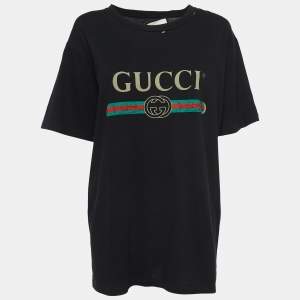 Gucci Black Distressed Cotton Vintage Logo T-Shirt M