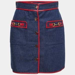 Pre Owned Gucci Blue Denim Leather Trim Mini Skirt S