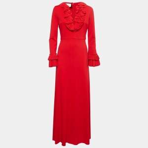 Pre Owned Gucci Red Jersey Pleated Ruffle Long Dress M