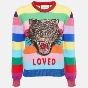 Gucci Multicolor Striped Wool Tiger Embroidered Sweater M