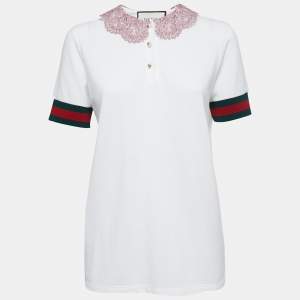 Pre Owned Gucci White Cotton Lace Collar Polo T-Shirt L