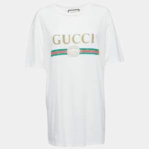 Gucci White Distressed Cotton Logo Print T-Shirt M