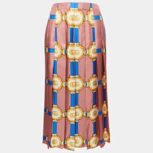 Gucci Pink Marmont GG Doubloon Harness Print Silk Pleated Skirt M