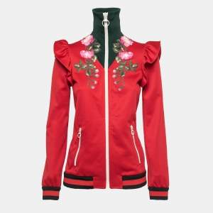 Gucci Red Technical Jersey Floral Embroidered Zip-Up Jacket S