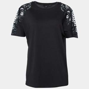 Gucci Black Cotton Knit Embroidered Sleeve Detail T-Shirt M
