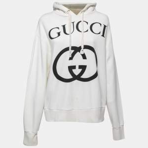 Gucci White Logo Printed Cotton Oversize Hoodie XS