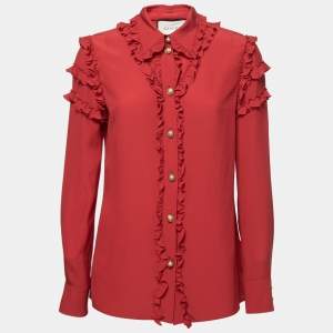 Gucci Red Silk Ruffled Long Sleeve Shirt M