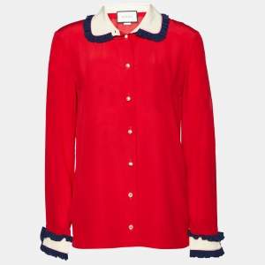 Gucci Red Silk Contrast Collar Detail Shirt S