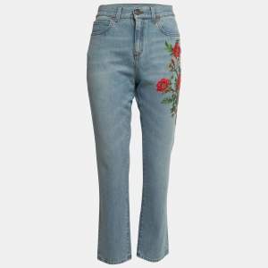 Gucci Blue Floral Embroidered Denim Boyfriend Fit Jeans M Waist 28"