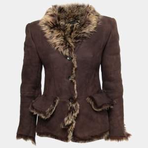Gucci Vintage Brown Leather Fur Trimmed Button Front Jacket S