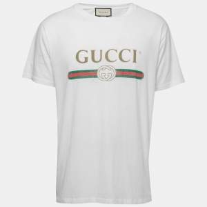 Gucci White Vintage Logo Print Cotton Distressed Oversize T-Shirt M
