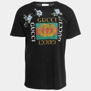 Gucci Black Fake Gucci Print & Floral Embroidered Cotton Distressed T-Shirt M