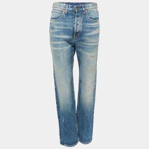 Gucci Blue Washed Denim Embroidery Detailed High Waist Jeans M Waist 28"
