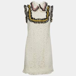 Gucci Cream Lace Ruffled Trim Sleeveless Mini Dress M