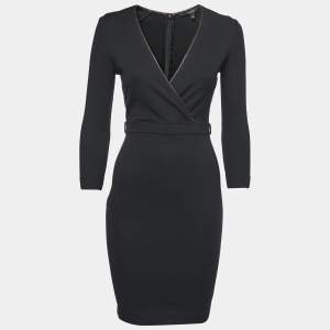 Pre Owned Gucci Black Stretch Knit Leather Trimmed Short Sheath Dress XS