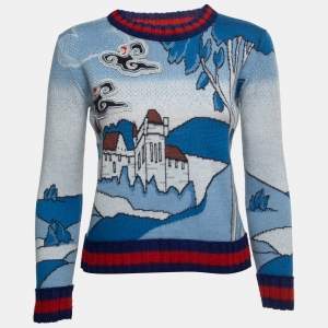 Gucci Blue Castle Jacquard Knit Pullover S