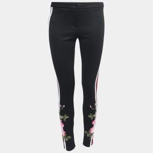 Gucci Black Jersey Rose Applique Stripe Detail Leggings S