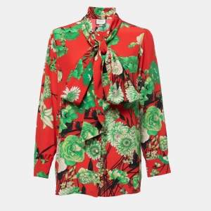 Gucci Red Floral Printed Silk Button Front Tie Neck Blouse M