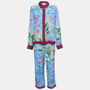 Gucci Blue Floral Print Silk Web Detail Tops and Pant Set L/M