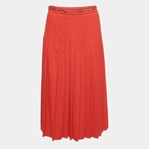 Gucci Red Wool Leather Trim Belt Detail Pleated Midi Skirt M