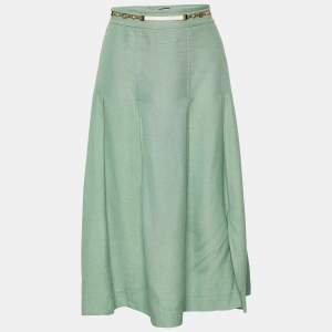 Pre Owned Gucci Green Linen Blend Leather Belt Detail Pleated Midi Skirt L