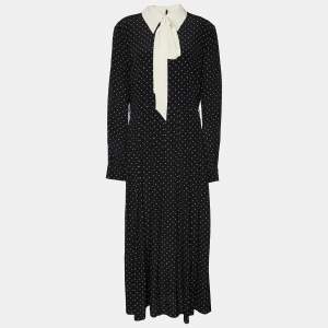 Pre Owned Gucci Black Polka Dot Logo Printed Silk Neck Tie Detail Maxi Dress L