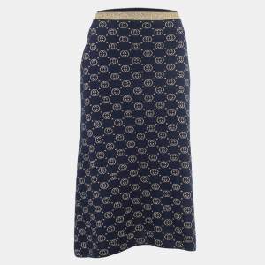 Pre Owned Gucci Navy Blur GG Patterned Lurex Knit Midi Skirt XS