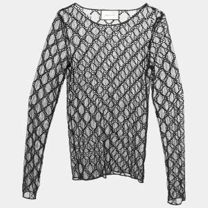 Gucci Black GG Embroidered Tulle Long Sleeve Top XS