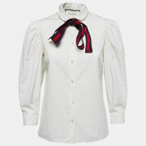Gucci White Cotton Poplin Puff Sleeve Tie Neck Shirt S