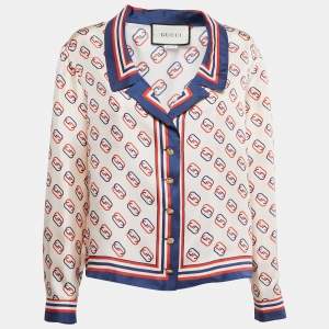 Gucci Ivory/Navy Blue Monogram Printed Silk Top M
