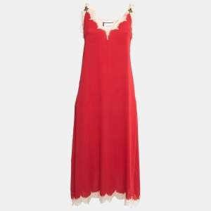 Gucci Red Silk Satin Lace Trimmed Bee Applique Detail Strappy Midi Dress M