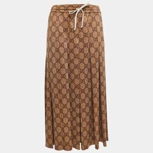 Pre Owned Gucci Brown GG Print Cotton Knit Drawstring Pleated Midi Skirt S