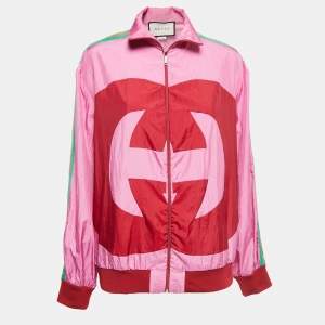 Gucci Pink Logo Colorblock Web Striped Bomber Jacket M