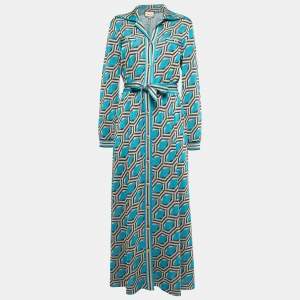 Gucci Blue Geometric Patterned Lurex Knit Belted Maxi Dress XL