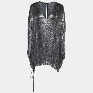 Gucci Silver Sequin Embellished V-Neck Drawstring Top S