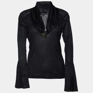 Gucci Black Cotton Knit Brooch Detail Top S